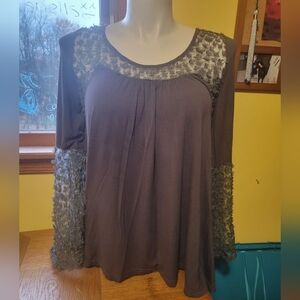 POL Med Dark Gray Top Slight Bell Sleeve beautiful Floral Detail Tie In Back NWT